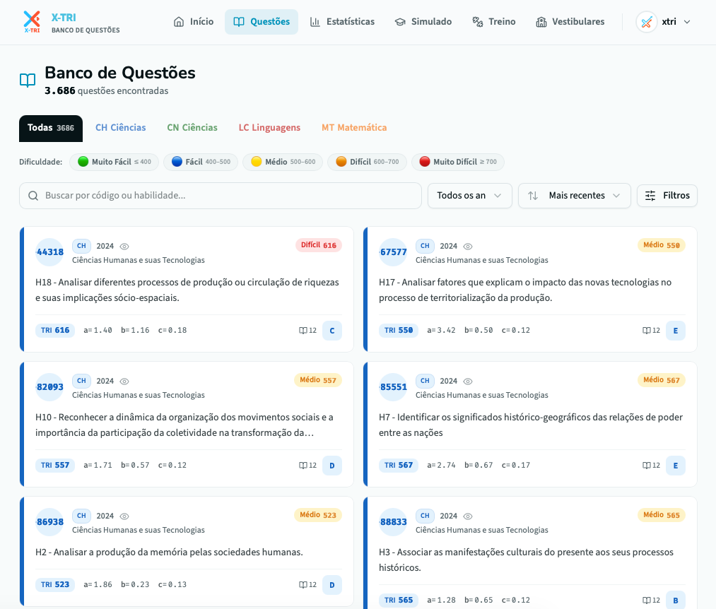 Banco de Quest&otilde;es ENEM com filtros por &aacute;rea, habilidade e dificuldade TRI
