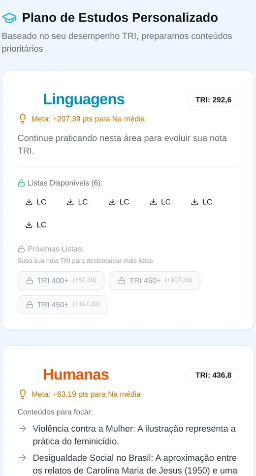 Plano de estudos com listas de exercícios por nível TRI