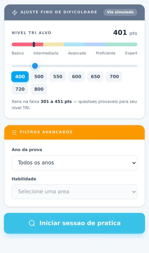 Ajuste fino de dificuldade: o aluno escolhe o nível TRI alvo das questões