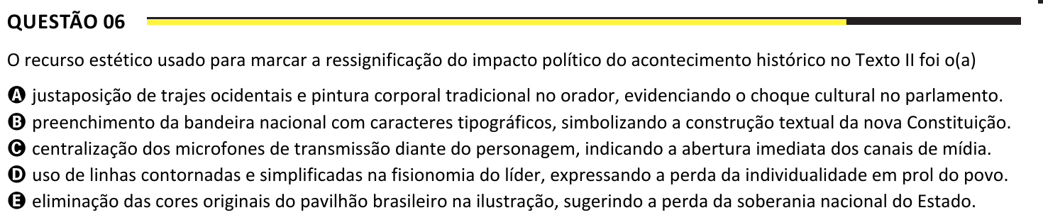 Enunciado e alternativas da questão 06 do Simulado XTRI sobre o discurso indígena na Constituinte